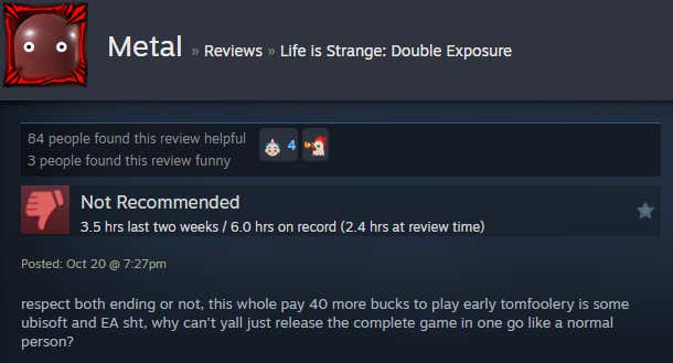 Screenshot showing a Steam review for Life is Strange: Double Exposure.